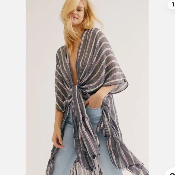 Free People- There She Goes Ruffle Stripe Kimono - Denim - OS - Picture 1 of 6